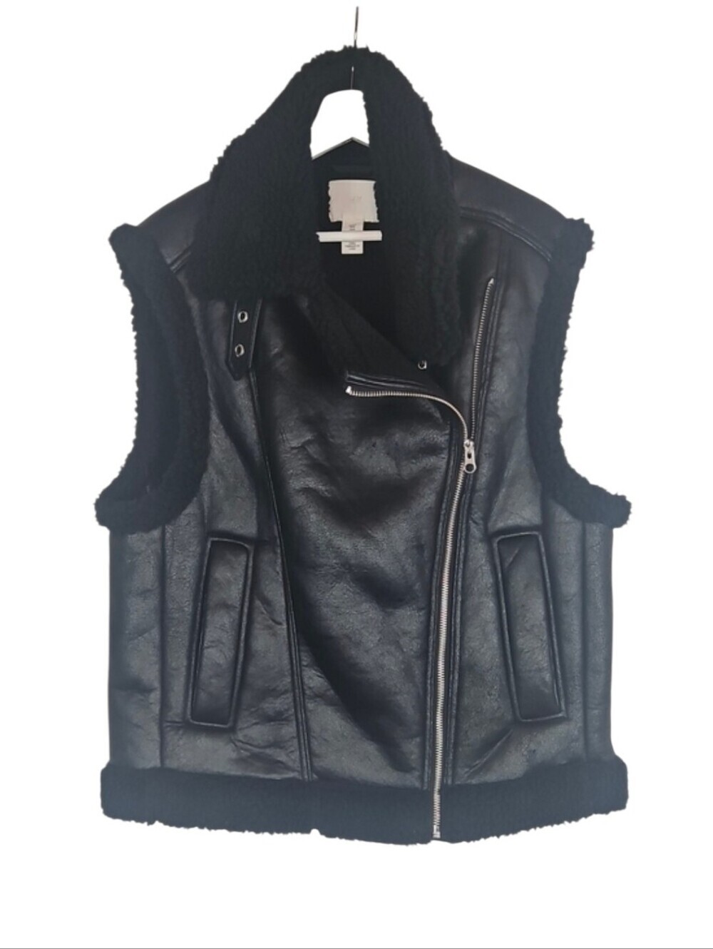 Black Faux Leather Sherpa Trim Motorcycle Moto Biker Vest Punk Grunge Goth M